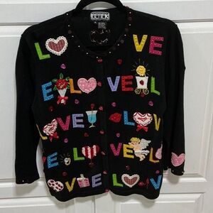 Women’s Black Cardigan with Colorful Love Motifs
